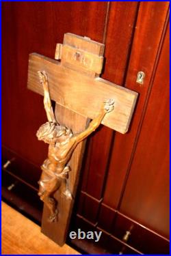 Antique 23 Hand Carved Wood Carving Jesus Wall Crucifix Cross Sculpture Figure Antique 23 Hand Carved Wood Carving Jesus Wall Crucifix Cross Sculpture Figure