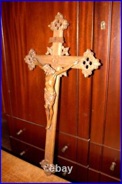Antique 23 Hand Carved Wood Carving Jesus Wall Crucifix Cross Sculpture Figure Antique 23 Hand Carved Wood Carving Jesus Wall Crucifix Cross Sculpture Figure