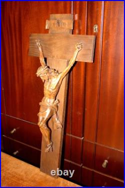 Antique 23 Hand Carved Wood Carving Jesus Wall Crucifix Cross Sculpture Figure Antique 23 Hand Carved Wood Carving Jesus Wall Crucifix Cross Sculpture Figure