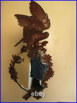 Antique 29 Black Forest Carved Hawk Eagle Mirror Swiss Wood Carving