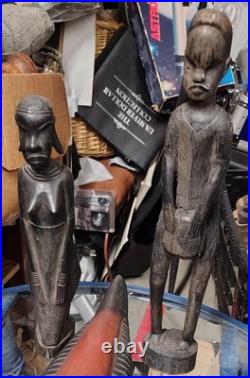 Antique African Ebony Carved/Painted Tribal Warrior Couple Figurines Sculptures Antique African Ebony Carved/Painted Tribal Warrior Couple Figurines Sculptures
