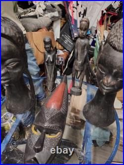 Antique African Ebony Carved/Painted Tribal Warrior Couple Figurines Sculptures Antique African Ebony Carved/Painted Tribal Warrior Couple Figurines Sculptures