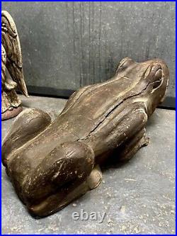 Antique American Monumental Sculpture Carved Wood Frog Outstanding Powerful