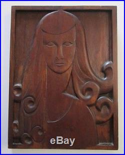 Antique Art Nouveau Deco Panel Wood Carving Sculpture Female Model Portrait Vntg