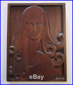 Antique Art Nouveau Deco Panel Wood Carving Sculpture Female Model Portrait Vntg