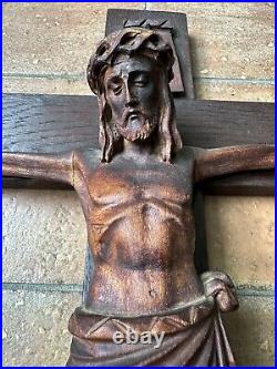 Antique Arts Crafts Mission Oak Sculpture Wood Crucifix Carved Christ Cross 26