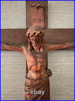 Antique Arts Crafts Mission Oak Sculpture Wood Crucifix Carved Christ Cross 26