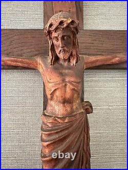 Antique Arts Crafts Mission Oak Sculpture Wood Crucifix Carved Christ Cross 26