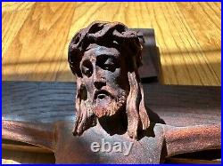 Antique Arts Crafts Mission Oak Sculpture Wood Crucifix Carved Christ Cross 26