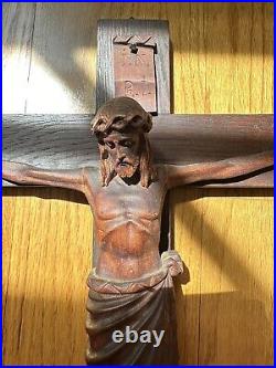 Antique Arts Crafts Mission Oak Sculpture Wood Crucifix Carved Christ Cross 26