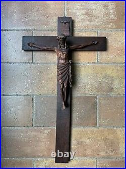 Antique Arts Crafts Mission Oak Sculpture Wood Crucifix Carved Christ Cross 26