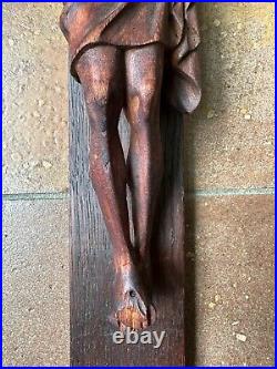 Antique Arts Crafts Mission Oak Sculpture Wood Crucifix Carved Christ Cross 26