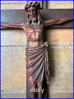 Antique Arts Crafts Mission Oak Sculpture Wood Crucifix Carved Christ Cross 26