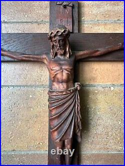 Antique Arts Crafts Mission Oak Sculpture Wood Crucifix Carved Christ Cross 26