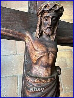 Antique Arts Crafts Mission Oak Sculpture Wood Crucifix Carved Christ Cross 26