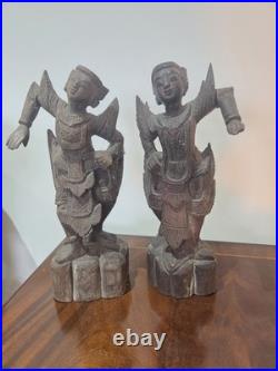 Antique Burmese Nat Dancer Pair Wood Carving Mandalay 19th/20th C 11 Tall