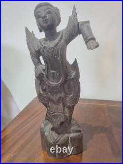 Antique Burmese Nat Dancer Pair Wood Carving Mandalay 19th/20th C 11 Tall