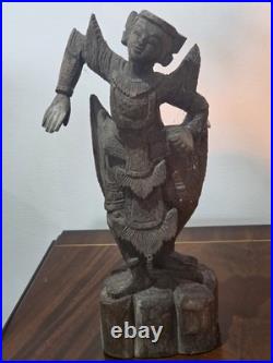 Antique Burmese Nat Dancer Pair Wood Carving Mandalay 19th/20th C 11 Tall
