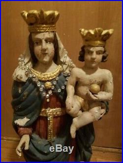 Antique C1600 Carved Wood Sculpture Madonna and Child Statue Baroque Period