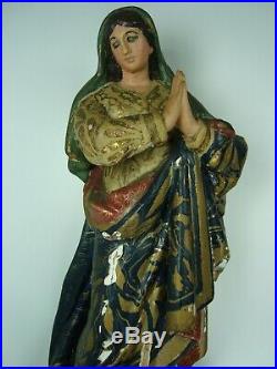 Antique Carved Wood Polychrome Praying Madonna Figure Virgin Mary Sculpture 12'