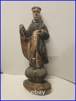Antique Carved Wood St Anthony Santo Figure Globe Base Spanish Colonial Friar