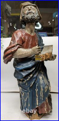 Antique Carved Wooden Statue Man Reading Book 19 1/2 Tall Unmarked Maker