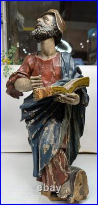 Antique Carved Wooden Statue Man Reading Book 19 1/2 Tall Unmarked Maker