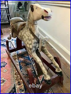Antique Child's Wood Carved Rocking Hobby Horse with Original Painted Frame
