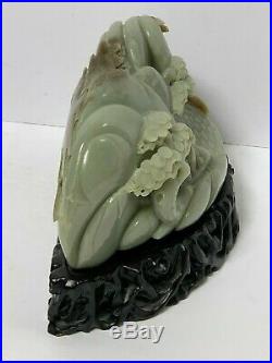 Antique Chinese Large Carved Jade, Fisherman On Lake, Sculpture & Wood Stand 11
