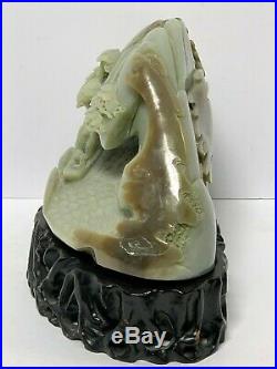 Antique Chinese Large Carved Jade, Fisherman On Lake, Sculpture & Wood Stand 11