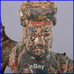 Antique Chinese Polychrome Carved Wood Warrior Portrait Sculpture, 18th Century