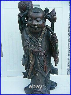 Antique Chinese Polychrome Wood Figure Carved 18th Century