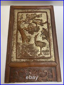 Antique Chinese Wood Sculpture Panel Crane Bird Gold 19th To 20th Century Old