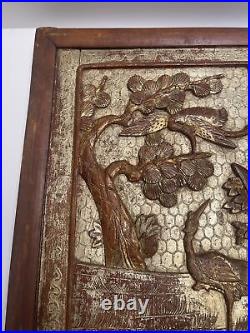 Antique Chinese Wood Sculpture Panel Crane Bird Gold 19th To 20th Century Old