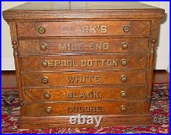Antique Clark's six drawer oak spool thread cabinet-spoon carving-15593