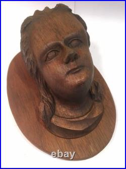 Antique Early American Wood Carved Female Bust Sculpture Wall Mount Plaque