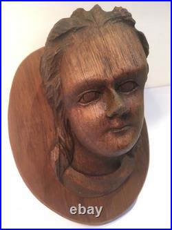 Antique Early American Wood Carved Female Bust Sculpture Wall Mount Plaque