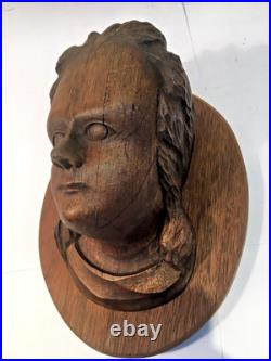 Antique Early American Wood Carved Female Bust Sculpture Wall Mount Plaque