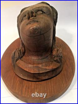 Antique Early American Wood Carved Female Bust Sculpture Wall Mount Plaque