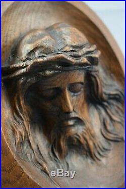 Antique French Hand Carved Wood Holy Face of Jesus Sculpture Standing Plaque