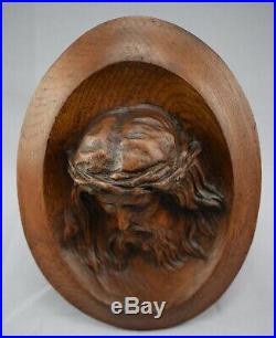 Antique French Hand Carved Wood Holy Face of Jesus Sculpture Standing Plaque