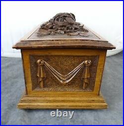 Antique French Large Hand Wood Carving Black Forest Jewerly Box Roses Flowers