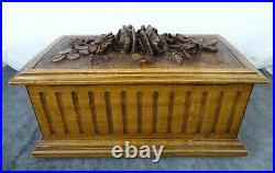 Antique French Large Hand Wood Carving Black Forest Jewerly Box Roses Flowers