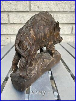 Antique German Black Forest Hand Carved Wooden Wild Boar Sculpture Model