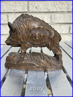 Antique German Black Forest Hand Carved Wooden Wild Boar Sculpture Model