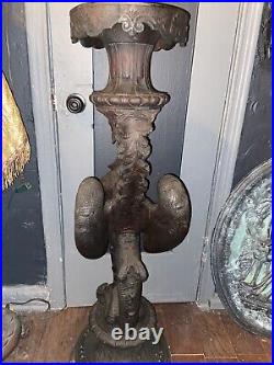 Antique Gothic Wood Carved Podium Column Pedestal Gargoyle Dragon