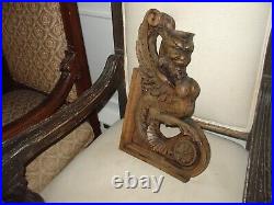 Antique Griffin Devil Face Carved Walnut Wood Mythological Figure