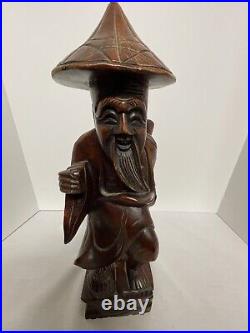 Antique Hand Carved Wood Asiian Hiker Man Statue LOOK