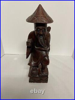 Antique Hand Carved Wood Asiian Hiker Man Statue LOOK