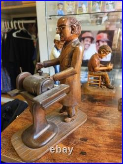 Antique Hand Carved Wood Saw Grinder Folk Art Sculpture Figure 7 Signed 1978